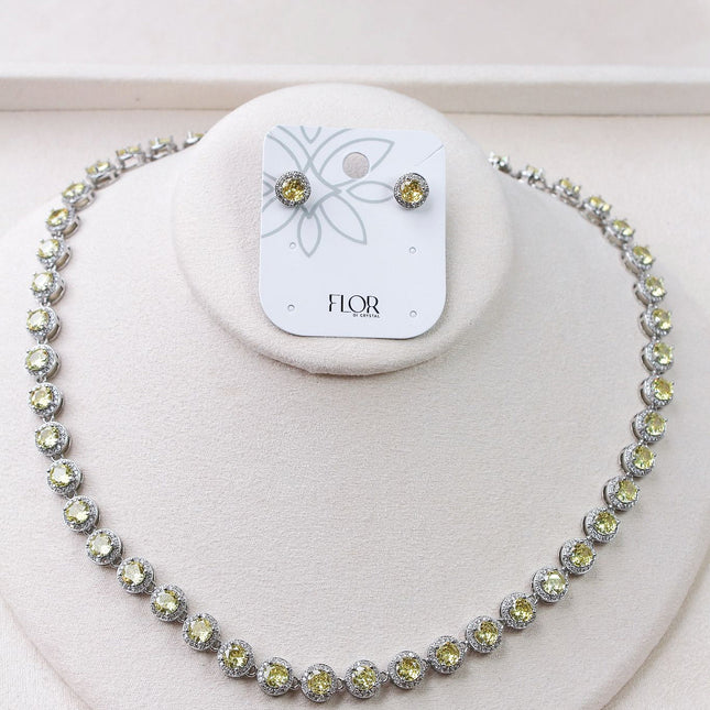 Conjunto colar brincos riviera pedra amarela