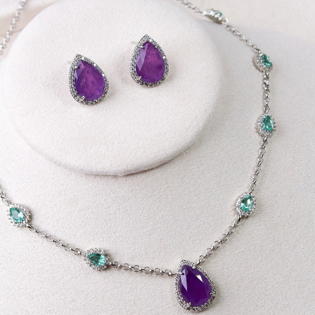 Conjunto colar brincos fusion roxo verde