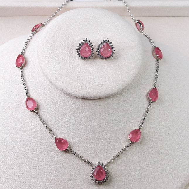 Conjunto colar brincos fusion rosa gota