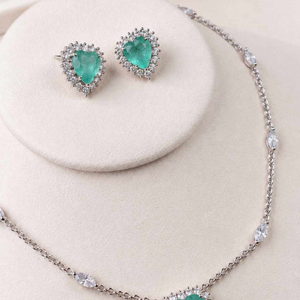 Conjunto colar brincos coração verde esmeralda col