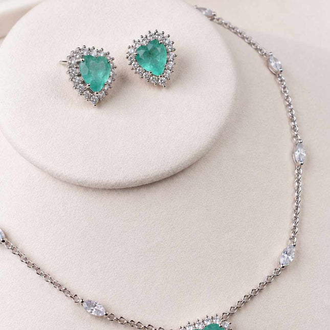 Conjunto colar brincos coração verde esmeralda col