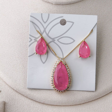Conjunto colar brincos gota rosa halo