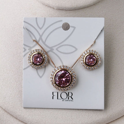 Conjunto colar brincos redondo rosa cravejado