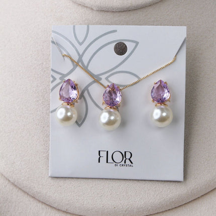 Conjunto colar brincos gota lilás pérola