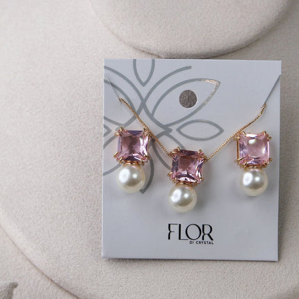 Conjunto colar brincos quadrado rosa pérola