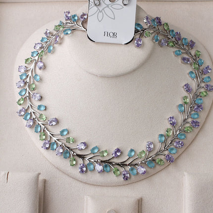 Conjunto colar brincos folhas coloridas
