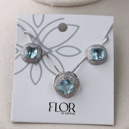 Conjunto colar brincos halo azul água