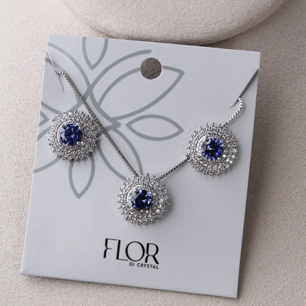 Conjunto colar brincos halo azul escuro