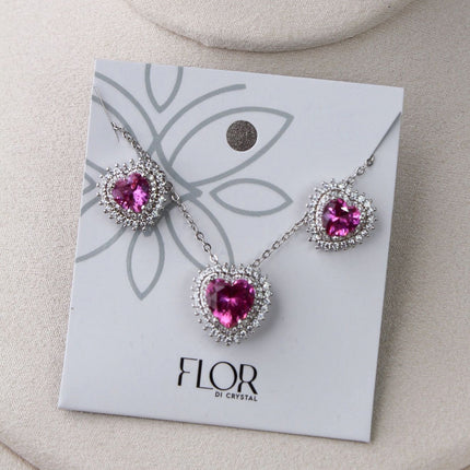 Conjunto colar brincos coração rosa halo