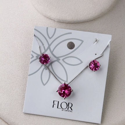 Conjunto colar brincos ponto luz rosa