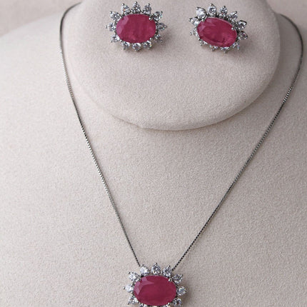 Conjunto colar brincos oval fusion fúcsia