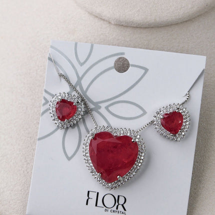 Conjunto colar brincos coração fúcsia halo