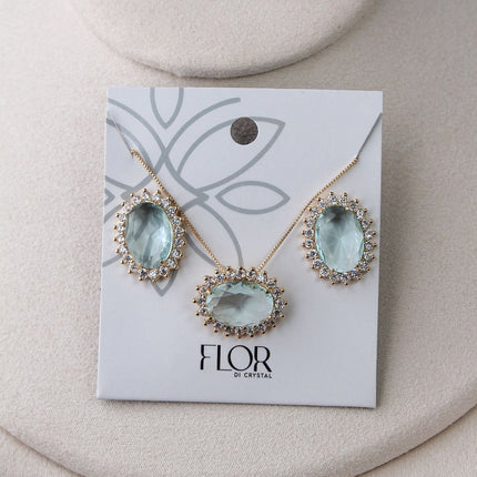 Conjunto colar brincos oval água marinha