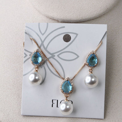 Conjunto colar brincos gota azul pérola