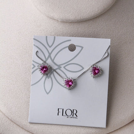 Conjunto colar brincos coração fúcsia delicado