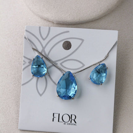 Conjunto colar brincos gota azul céu
