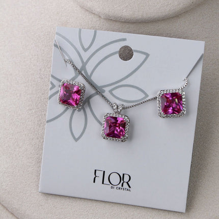 Conjunto colar brincos quadrado rosa halo