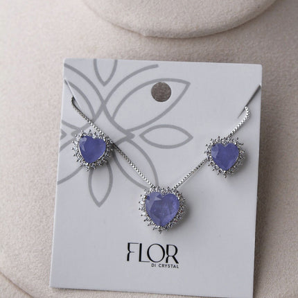 Conjunto colar brincos coração fusion azul