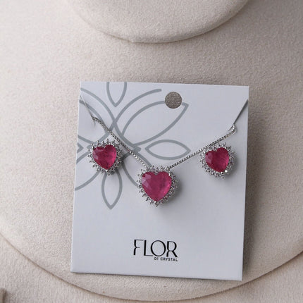 Conjunto colar brincos coração fusion rosa