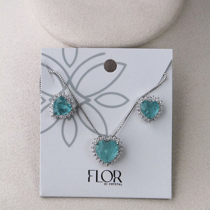 Conjunto colar brincos coração fusion turquesa
