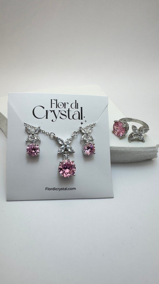 Conjunto - Conjunto de flor Rodio branco cristal e rosa em Zirconias