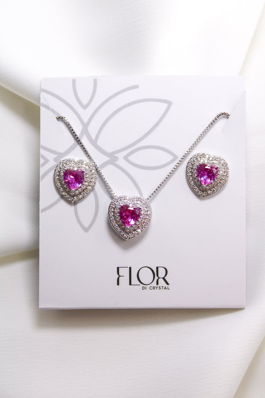 Conjunto - conjunto de Coracao cravejado e zirconia FUSHIA- Luxo