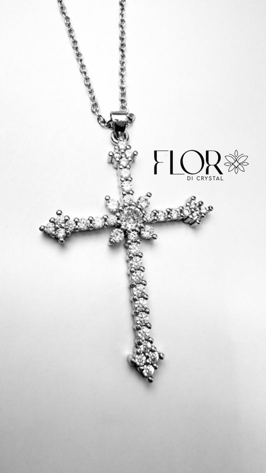 Colar - Cruz Grande rodio Cravejada fina - zirconias de coracao