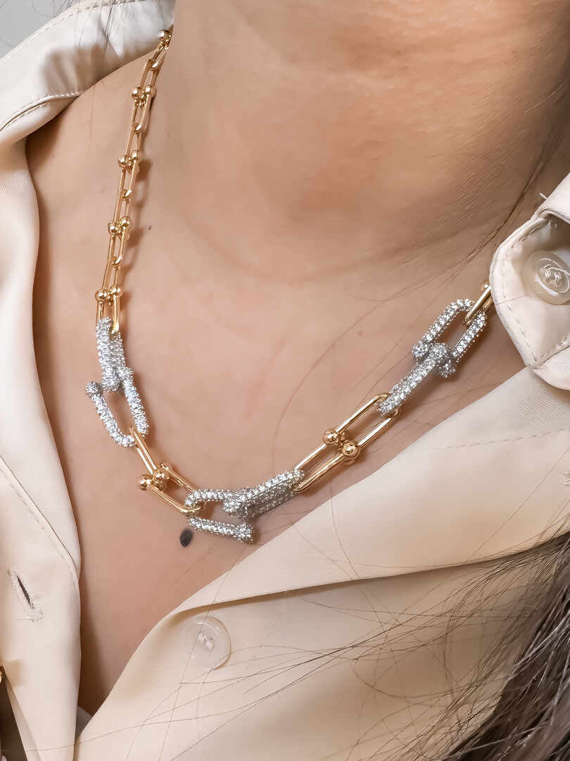 Conjunto - Conjunto Tiffani maxi corrente em elos cravejados de rodio-  3 pcs