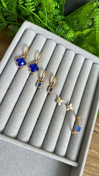 TRIO de brincos e anel azul18k