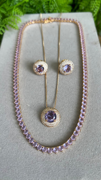 Conjunto - Rivieira 4mm lavanda e conjunto Ponto de Luz 18k