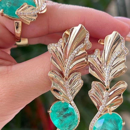 Conjunto de brinco e anel Luxo Pedra fusion verde #17