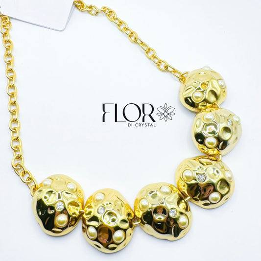 Conjunto - Maxi Colar Organico detalhe martelada e Cravejado de Zirconias e perolas