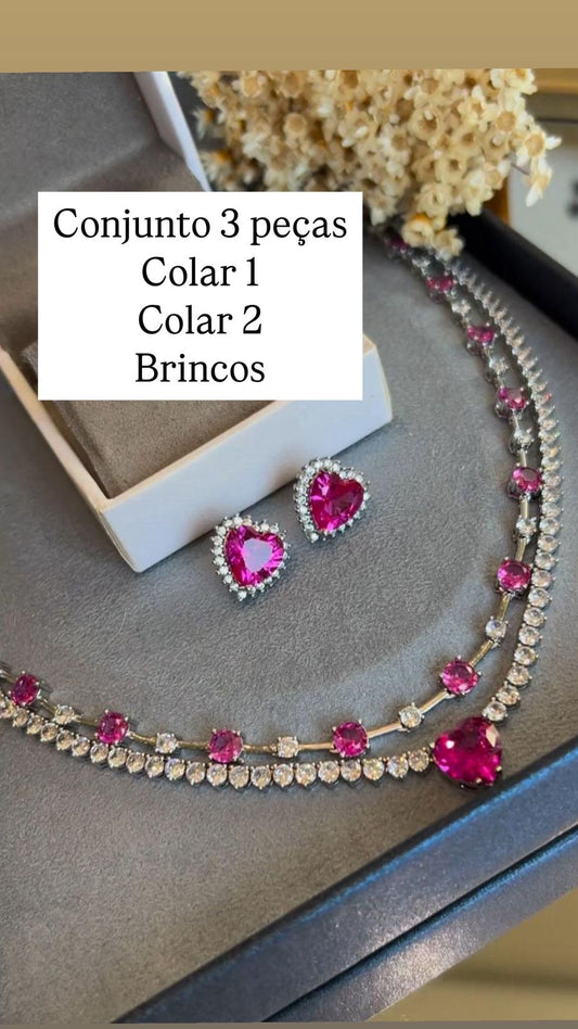 Rivieiras - Conjunto rivieira espacada, rivieira com coracao e brinco 18k - CEREJA