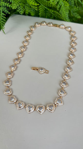 Gold Heart Tennis Necklace – Ariana Style with English Setting 18K Plating