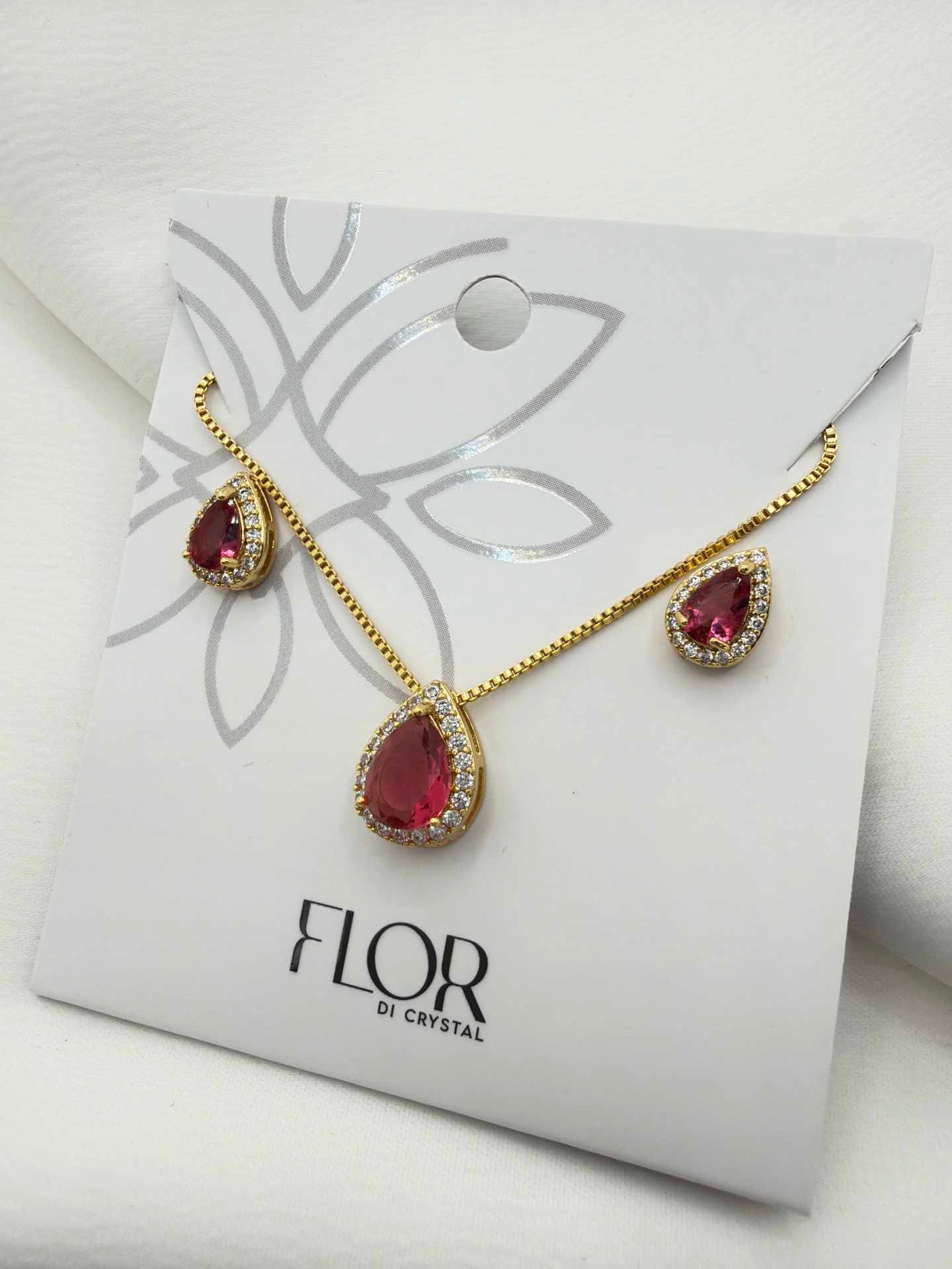 Luxury teardrop red cz Necklace & Earring Set