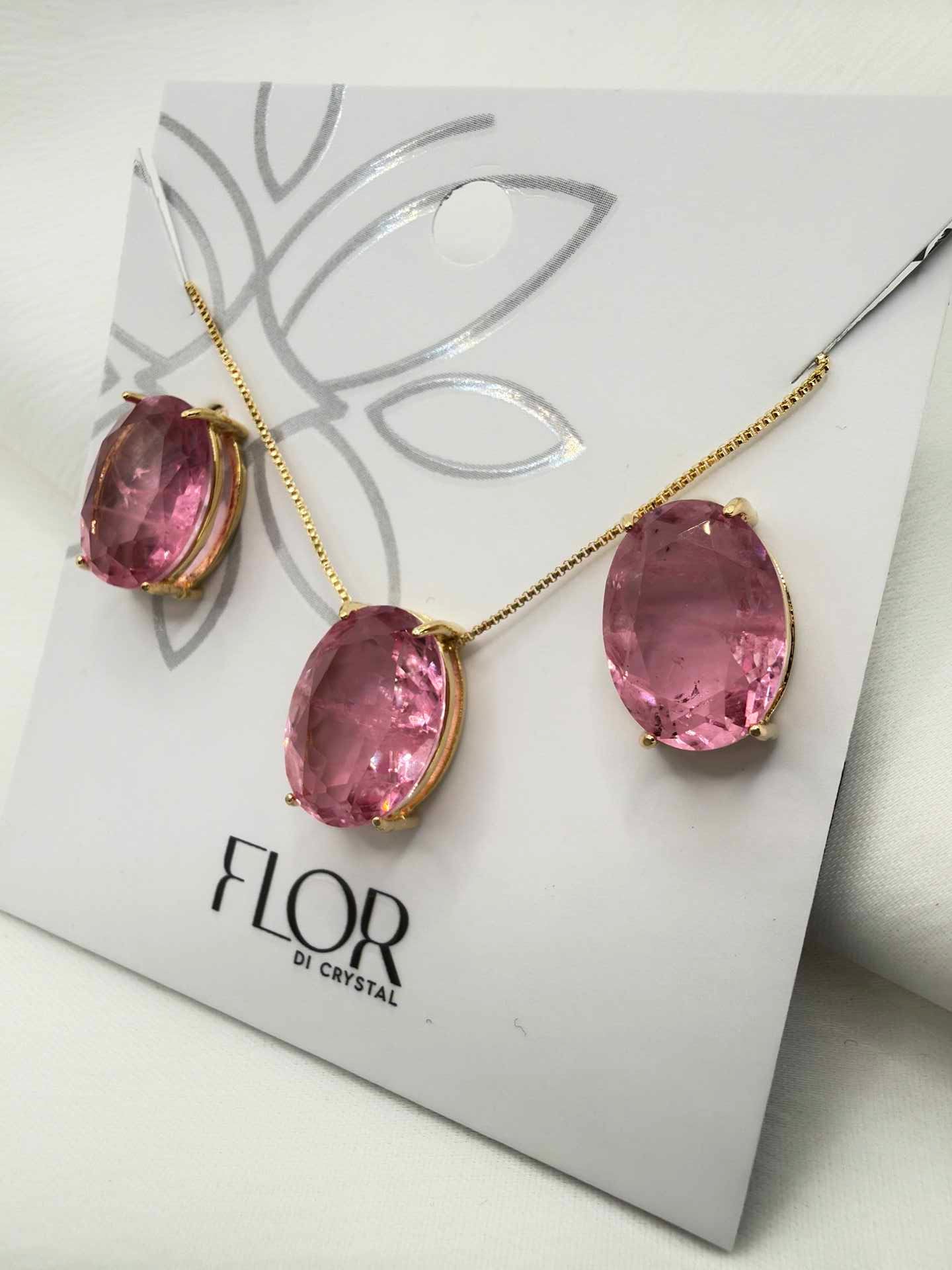 Large Elegant oval Fusion Pink color set earings and necklace 