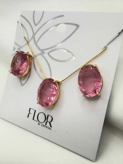 Large Elegant oval Fusion Pink color set earings and necklace 