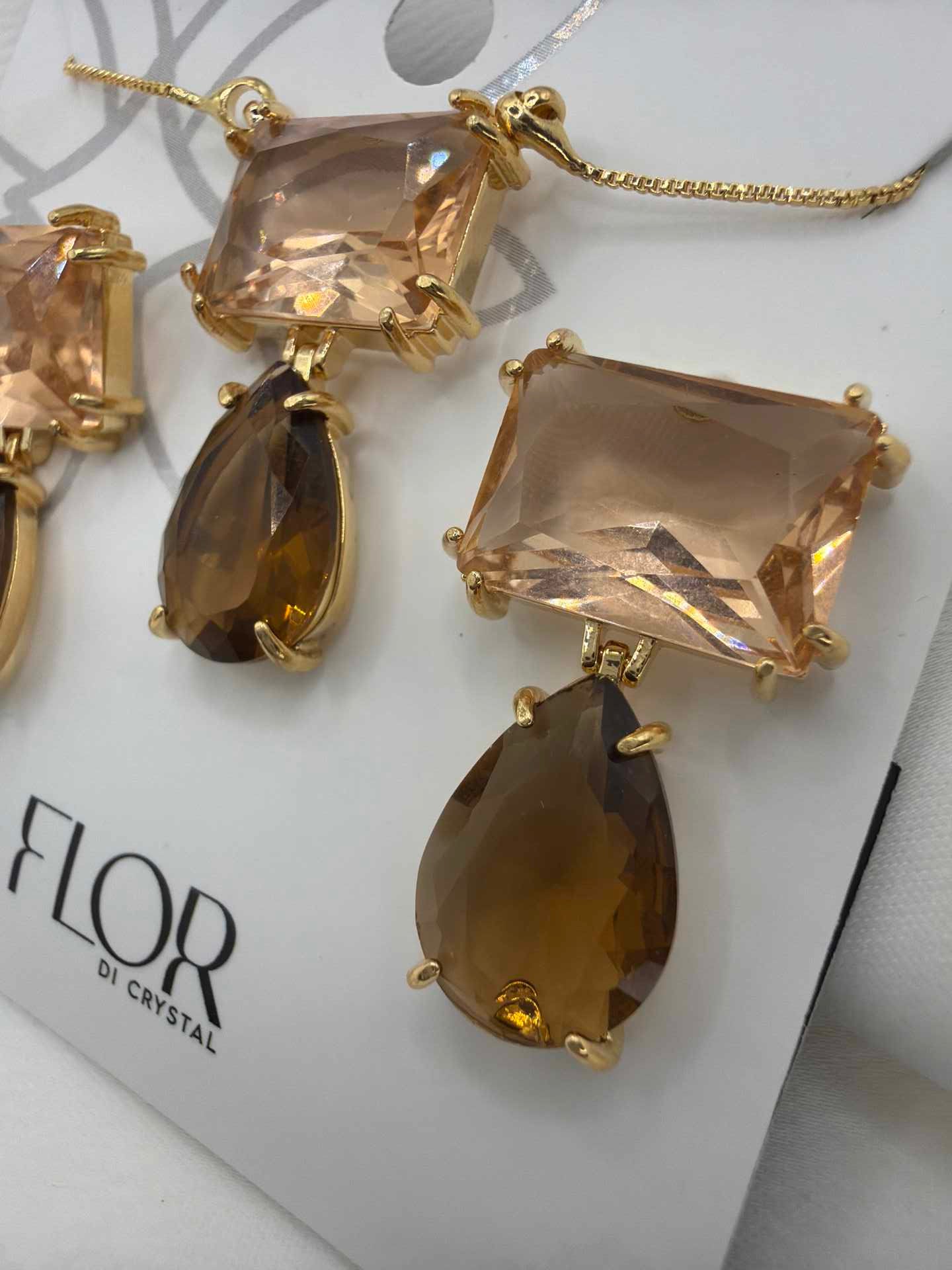 Luxury Square brown and peach cz Necklace & Earring Set 