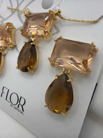 Luxury Square brown and peach cz Necklace & Earring Set 