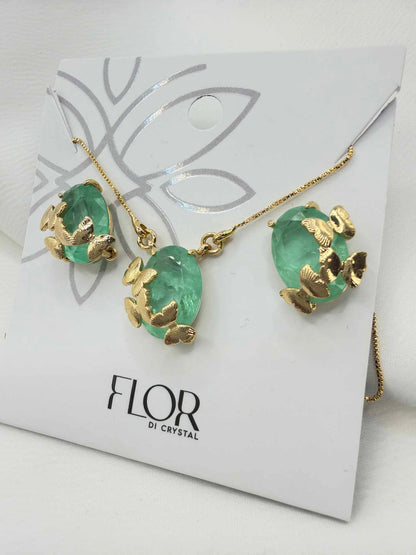 Luxury teardrop Emerald green fusion cz Necklace & Earring Set with butterflies