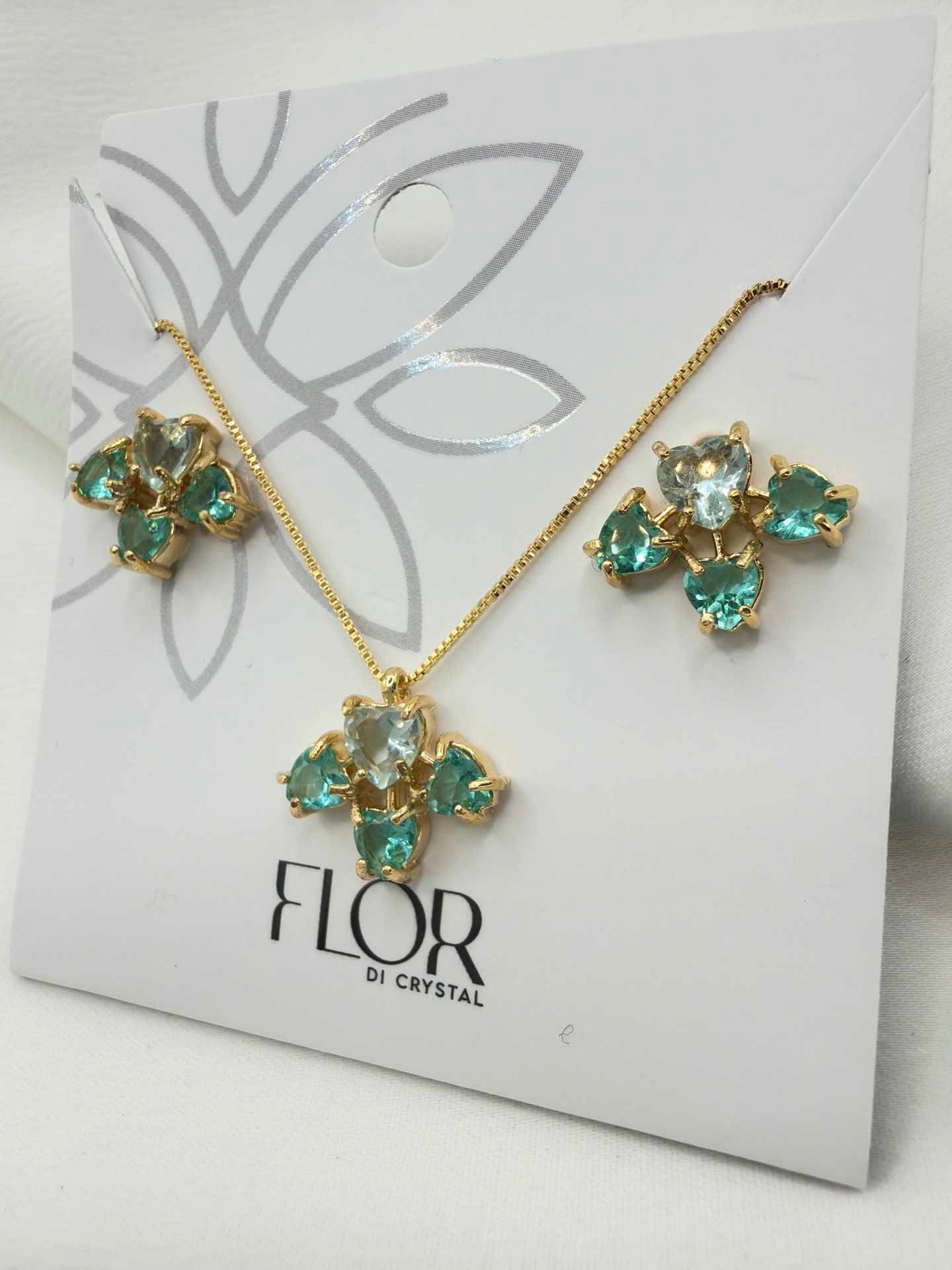 Luxury flower Emerald green and light green  cz Necklace & Earring Set 