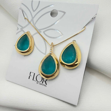 Luxury teardrop transformative green cz necklace & Earring Set with pave detail 