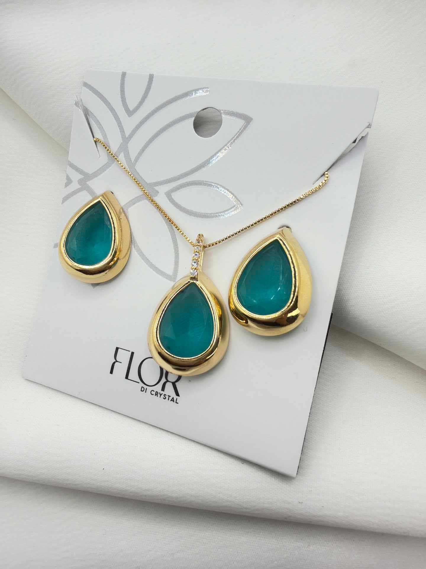 Luxury teardrop transformative green cz necklace & Earring Set with pave detail 