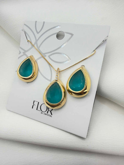 Luxury teardrop transformative green cz necklace & Earring Set with pave detail 