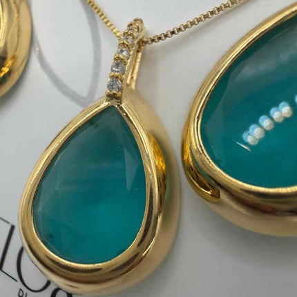 Luxury teardrop transformative green cz necklace & Earring Set with pave detail 