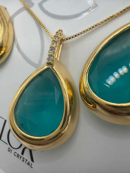 Luxury teardrop transformative green cz necklace & Earring Set with pave detail 