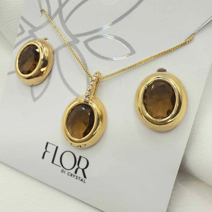 Luxury Brown oval cz necklace & Earring Set with pave detail 