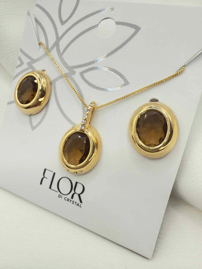 Luxury Brown oval cz necklace & Earring Set with pave detail 