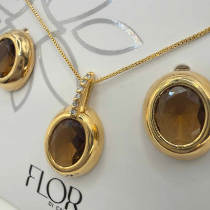 Luxury Brown oval cz necklace & Earring Set with pave detail 