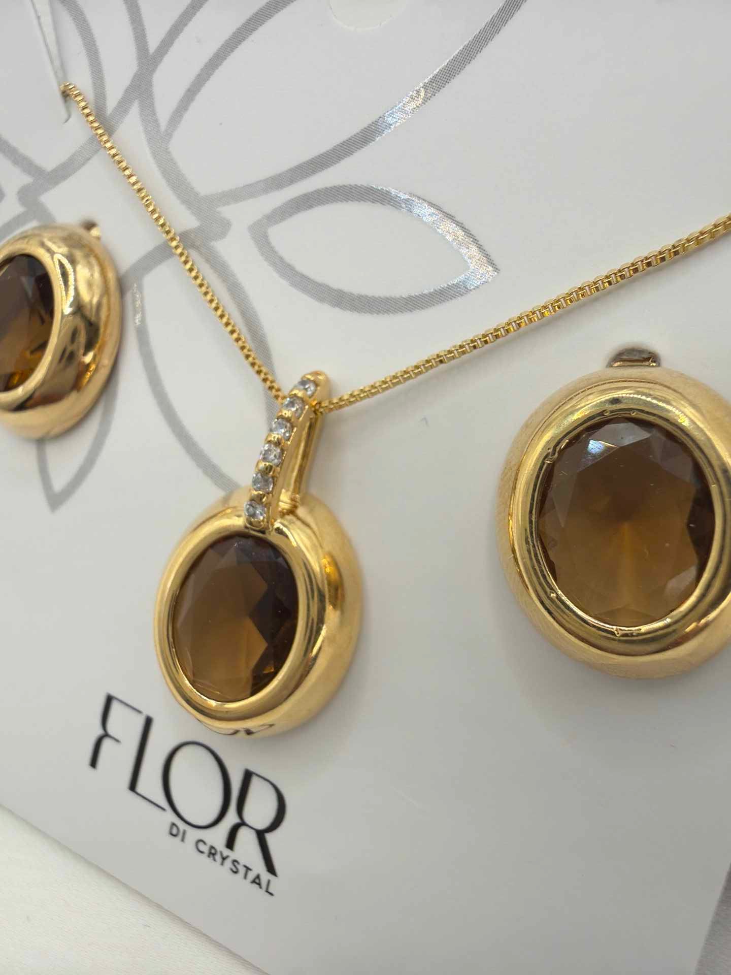 Luxury Brown oval cz necklace & Earring Set with pave detail 